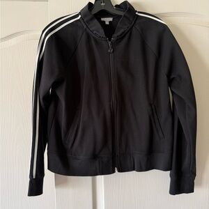 T by Talbots Black Zip-Up Pique Ruffle Neck Jacket with White Stripes